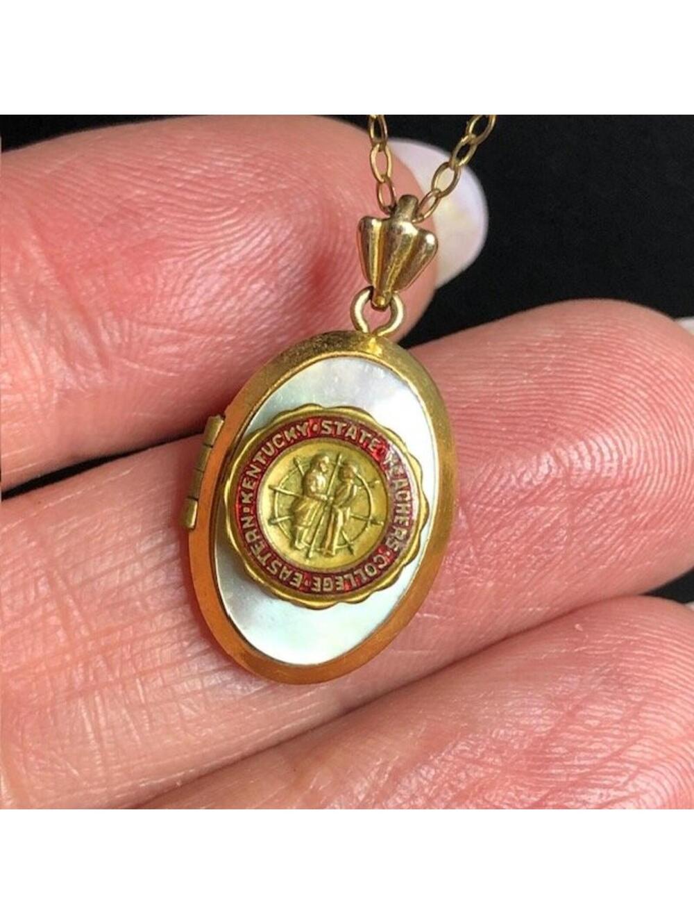 B1307 Vintage 12K Gold Filled Eastern Kentucky College Locket Necklace MOP 3.1g